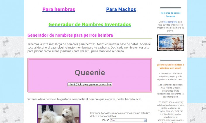 Captura del generador de nombres para perros de clickperros.